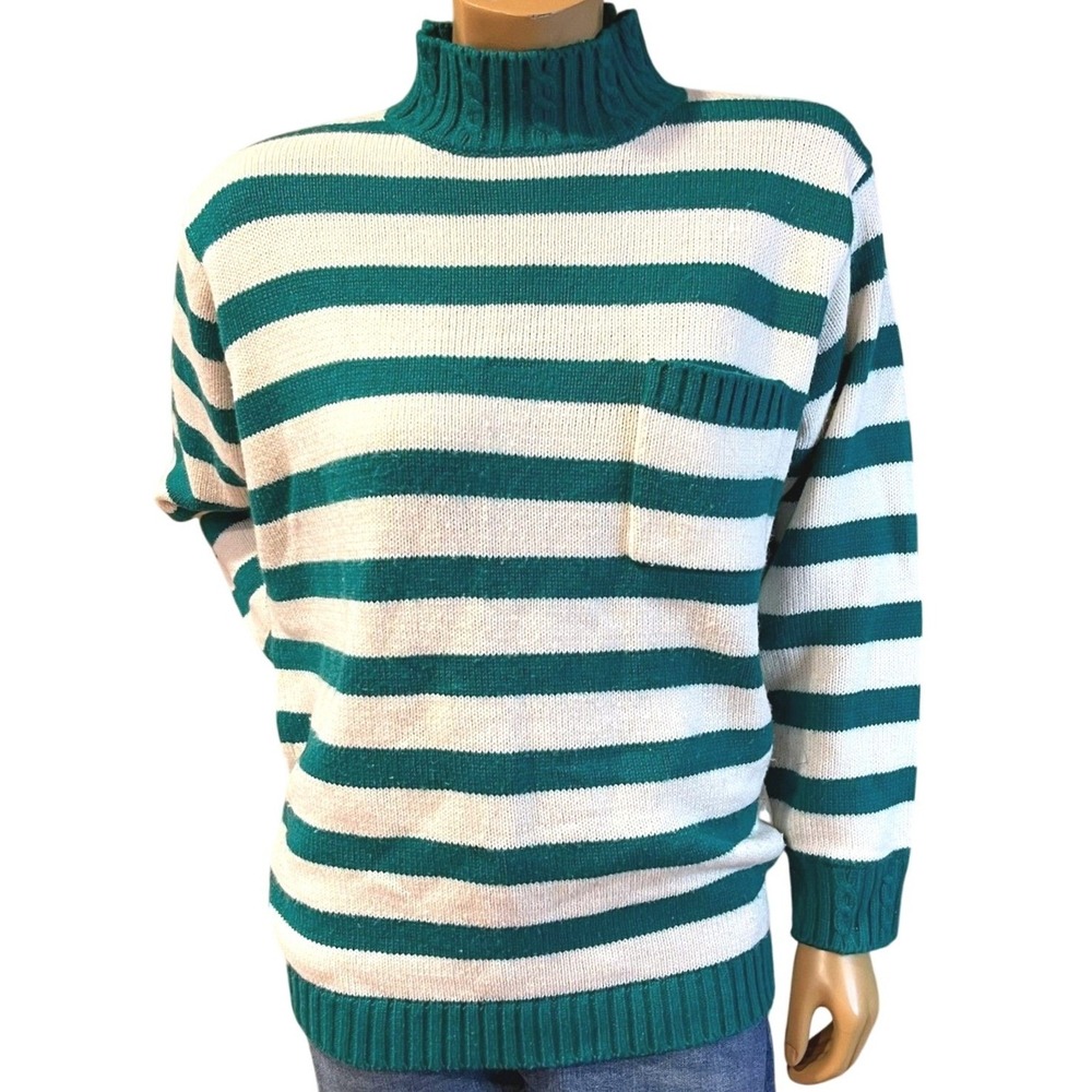 American Weekend Green Striped Mock Neck Sweater L Cable Knit Pocket Vintage